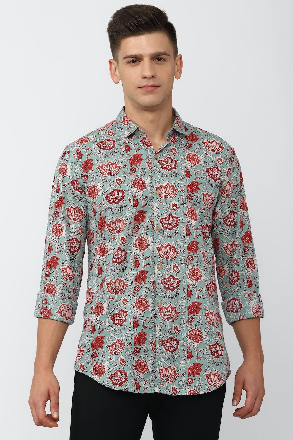 Men Green Slim Fit Print Full Sleeves Casual Shirt