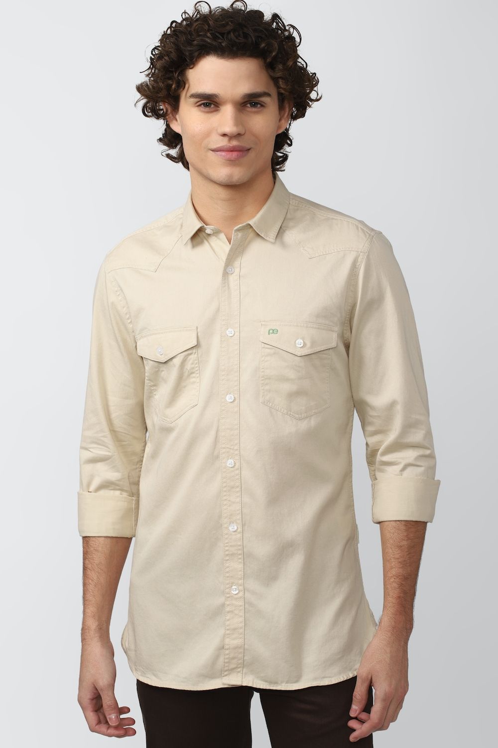 Men Beige Super Slim Fit Solid Full Sleeves Casual Shirt