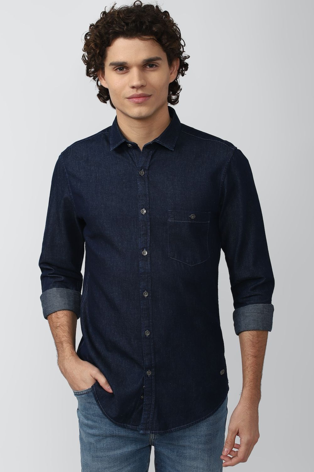 Men Navy Super Slim Fit Textured Full Sleeves Casual Shirt
