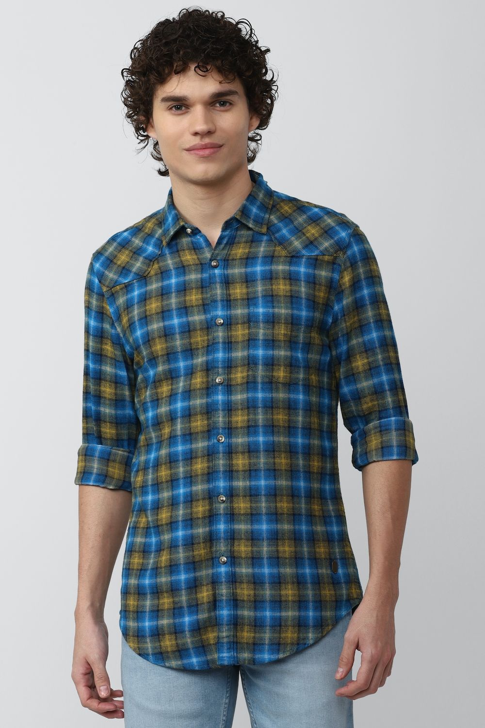 Men Blue Super Slim Fit Check Full Sleeves Casual Shirt