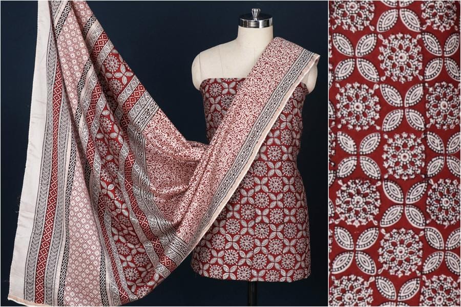 3 Piece Unstitched Suit Set Bagh Print Cotton Chanderi
