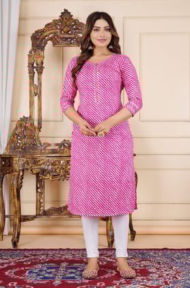 Women's Cotton Pink Laheriya Straight Kurti with One Side Pocket