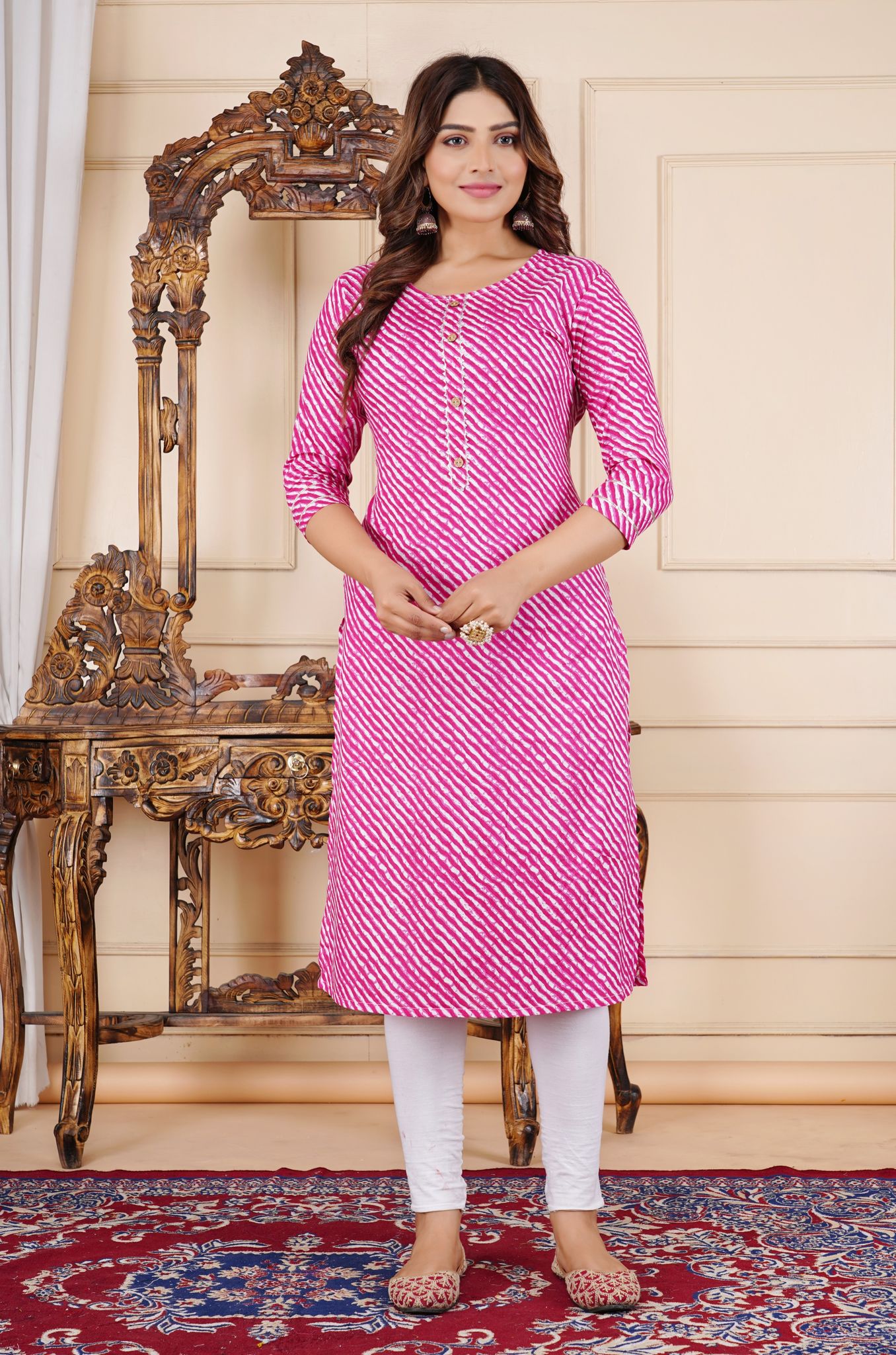 Women's Cotton Pink Laheriya Straight Kurti with One Side Pocket