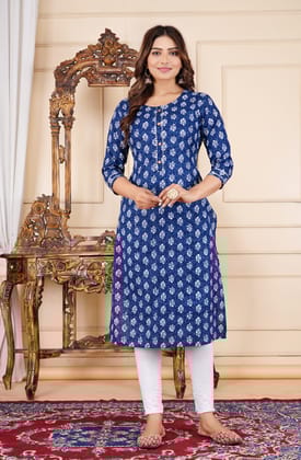 Womanica Women's Cotton Blue Straight Kurti with One Side Pocket