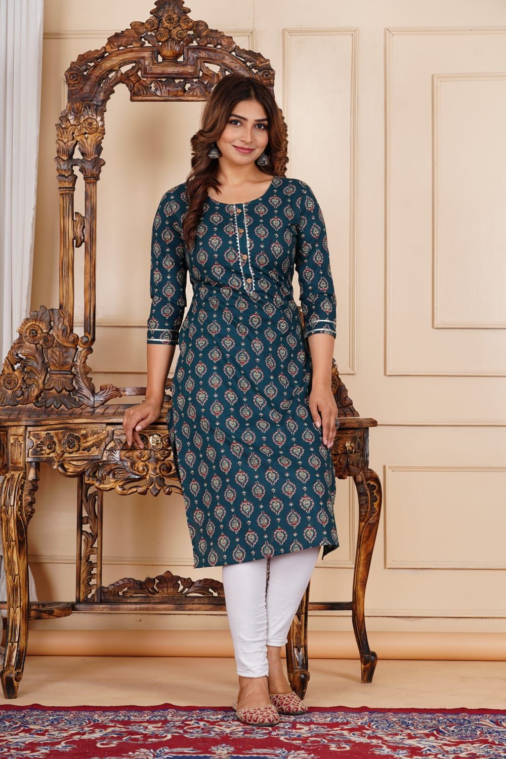 Womanica Women Cotton Green Printed Straight Pocket Kurti