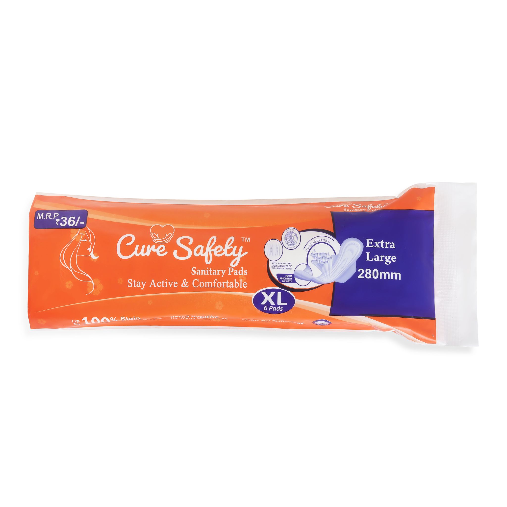 Cure Safely Extra Large Sanitary Pads - 6 Pads, 280mm
