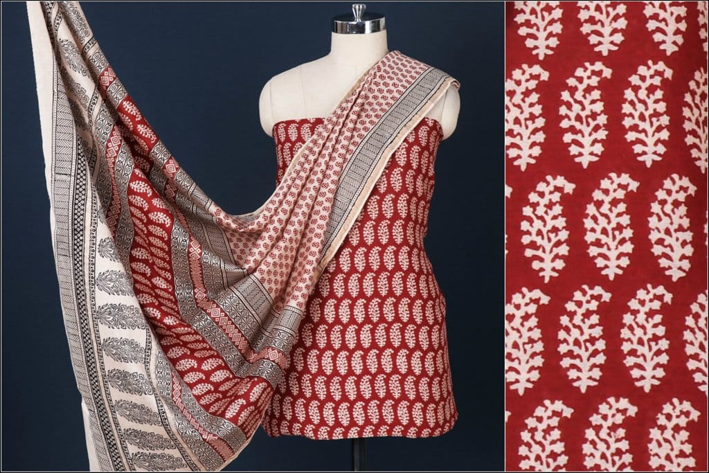 Suit 3 Piece Bagh Print Red Silk Cotton Chanderi - Unstitched Fabrics | Buy online on ZillyBuy