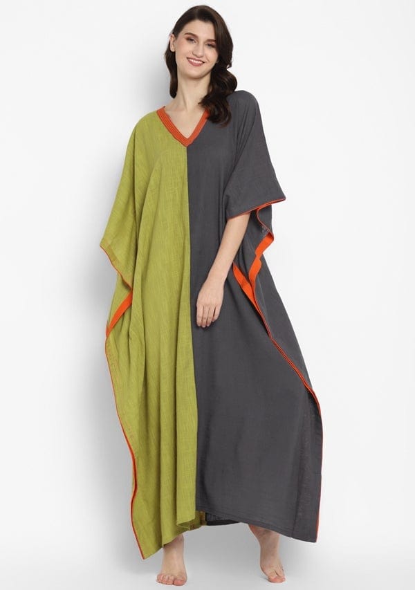 Olive Green Grey V-Neck Cotton Kaftan with Contrast Stitch Lines - Kurtas & Kurta Sets | Buy online on ZillyBuy