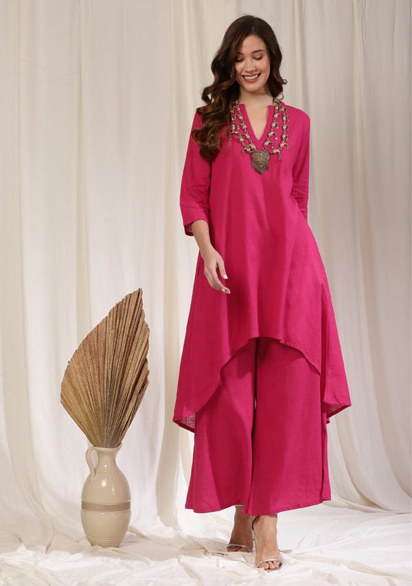 Fuchsia Asymmetric Cotton Kurta Paired with Pants - Kurtas & Kurta Sets | Buy online on ZillyBuy