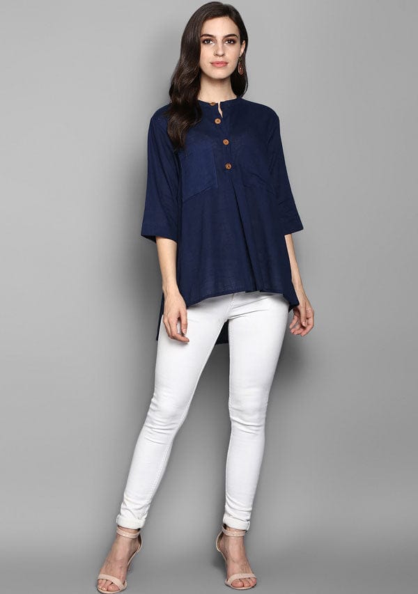 Navy Blue Short Cotton Tunic With Pleats ( Only Top ) - Kurtis, Tunics | Buy online on ZillyBuy
