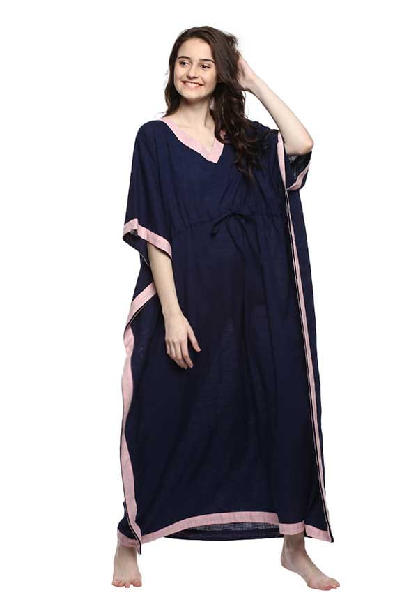 Navy Blue Pink V-Neck Cotton Kaftan - Kurtis, Tunics | Buy online on ZillyBuy