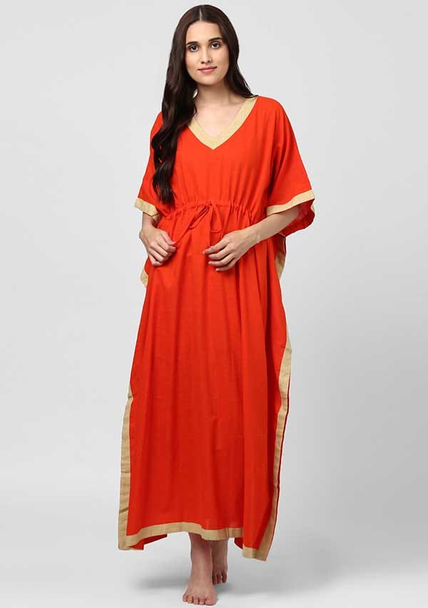 Orange Beige V-Neck Cotton Kaftan - Kurtis, Tunics | Buy online on ZillyBuy