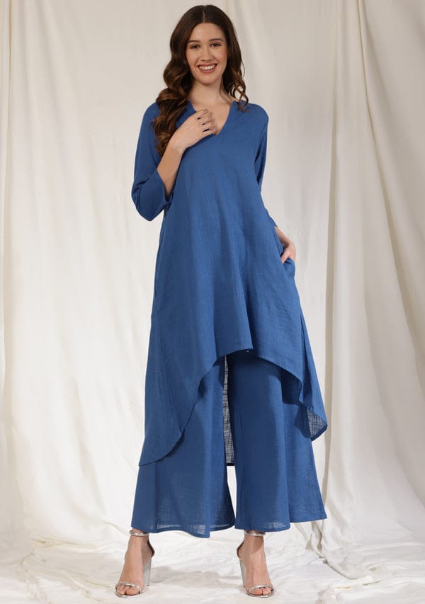 Royal Blue Asymmetric Cotton Kurta Paired with Pants - Kurtas & Kurta Sets | Buy online on ZillyBuy