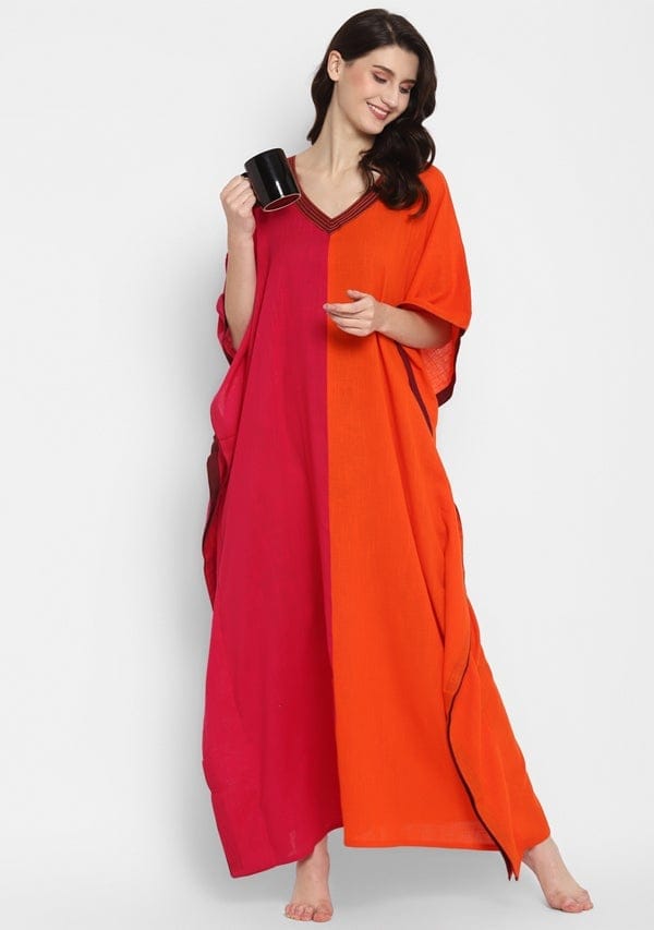 Fuchsia Orange V-Neck Cotton Kaftan with Contrast Stitch Lines - Kurtis, Tunics | Buy online on ZillyBuy