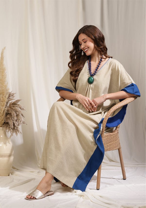 Beige Cotton Kaftan with Gathers and Contrast Royal Blue Borders - Kurtis, Tunics | Buy online on ZillyBuy