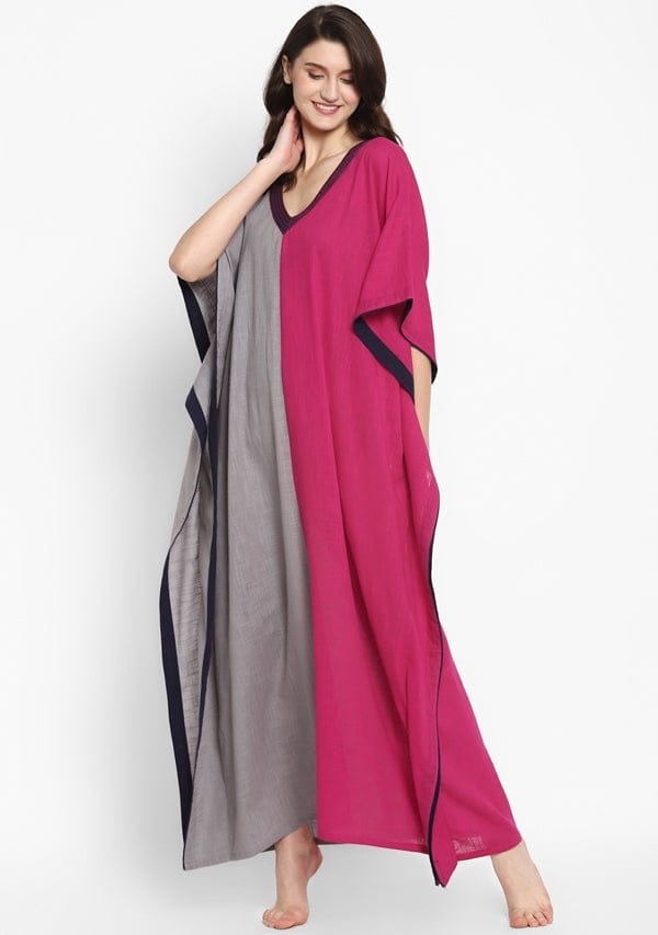 Grey Fuchsia V-Neck Cotton Kaftan with Contrast Stitch Lines - Kurtis, Tunics | Buy online on ZillyBuy