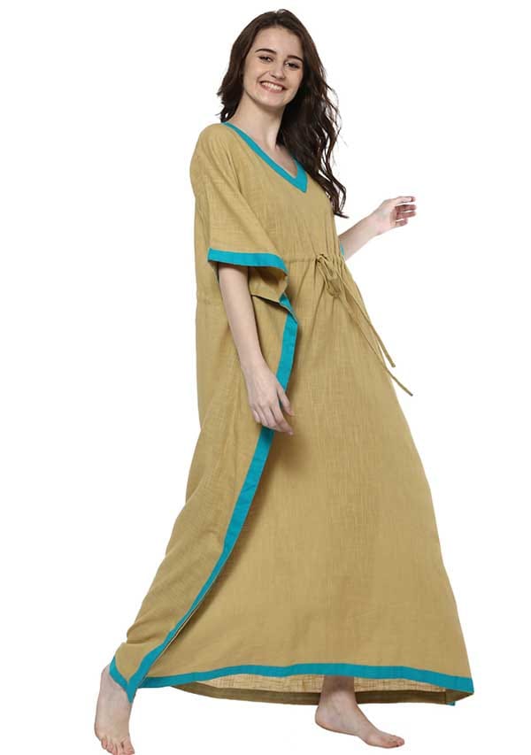 Beige Blue V-Neck Cotton Kaftan - Kurtis, Tunics | Buy online on ZillyBuy
