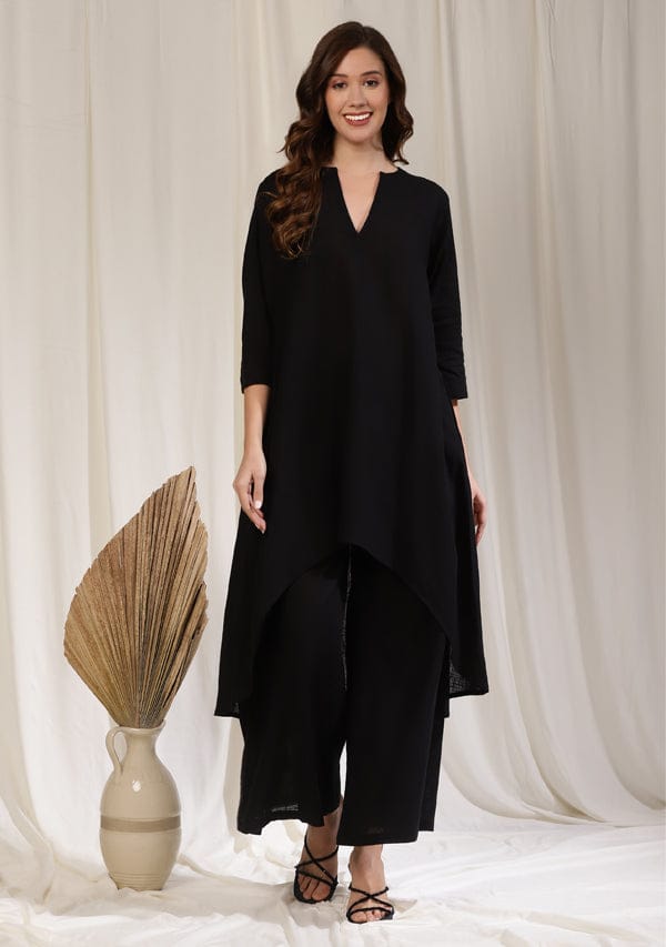 Black Asymmetric Cotton Kurta Paired with Pants - Kurtas & Kurta Sets | Buy online on ZillyBuy