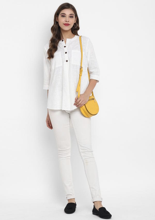 White Short Cotton Tunic With Pleats ( Only Top ) - Kurtis, Tunics | Buy online on ZillyBuy