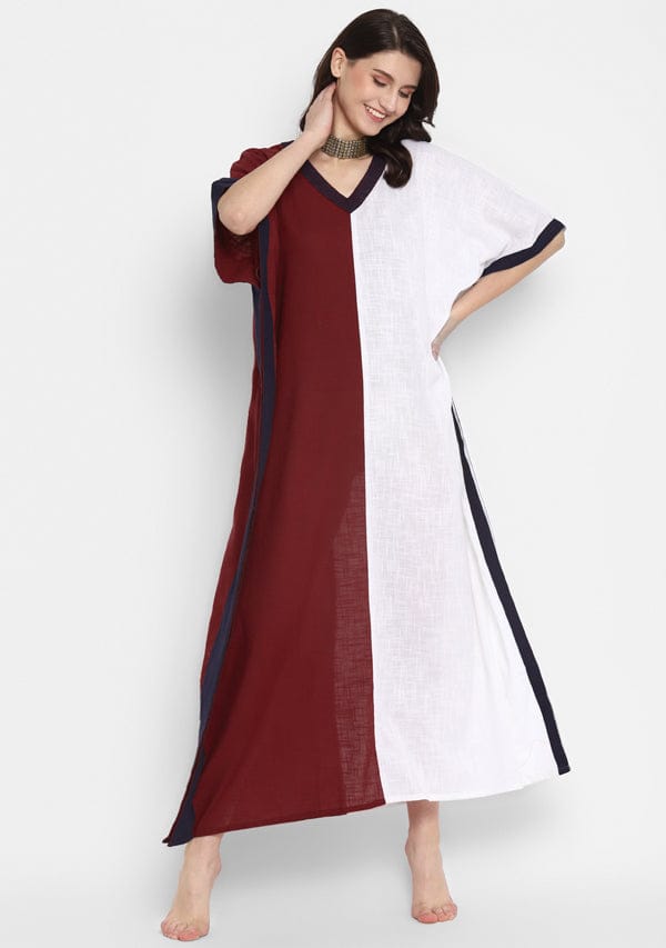 Maroon White V-Neck Cotton Kaftan with Contrast Stitch Lines - Kurtis, Tunics | Buy online on ZillyBuy
