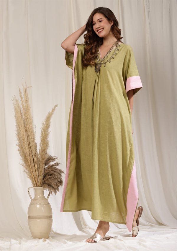 Soft Green Cotton Kaftan with Gathers and Contrast Baby Pink Borders - Kurtas & Kurta Sets | Buy online on ZillyBuy
