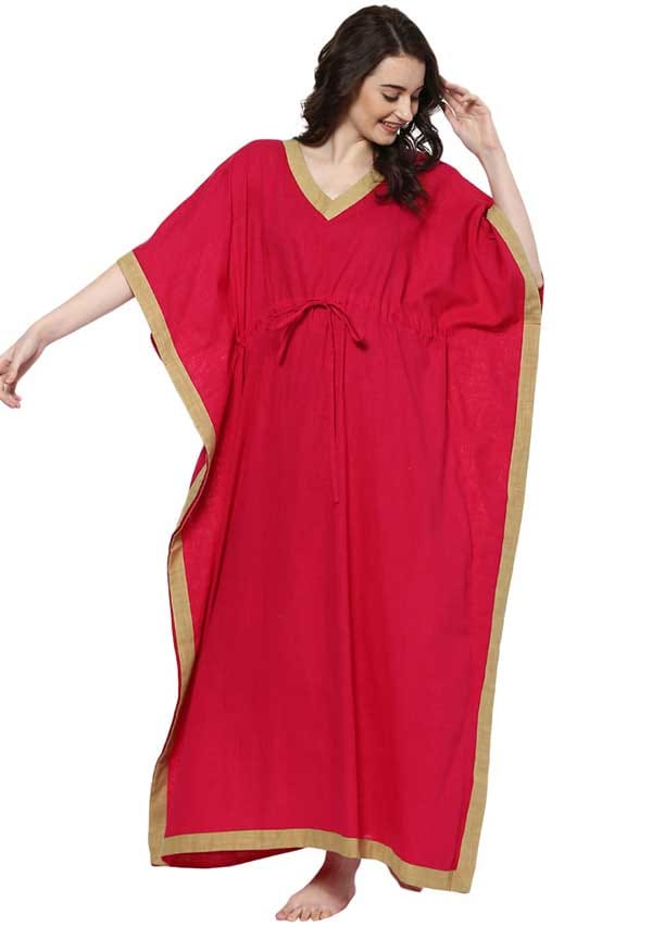Fuchsia Beige V-Neck Cotton Kaftan - Kurtis, Tunics | Buy online on ZillyBuy