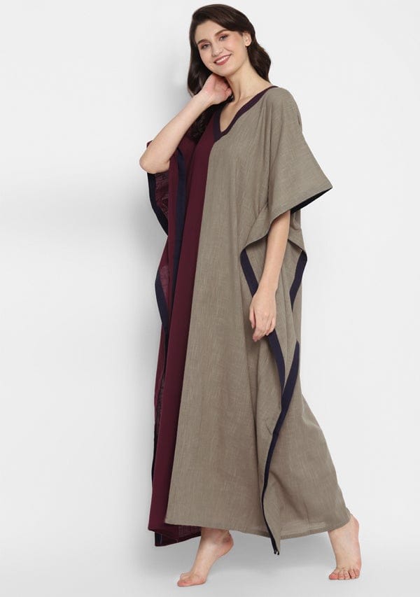 Wine and Brown V-Neck Cotton Kaftan with Contrast Stitch Lines - Kurtis, Tunics | Buy online on ZillyBuy