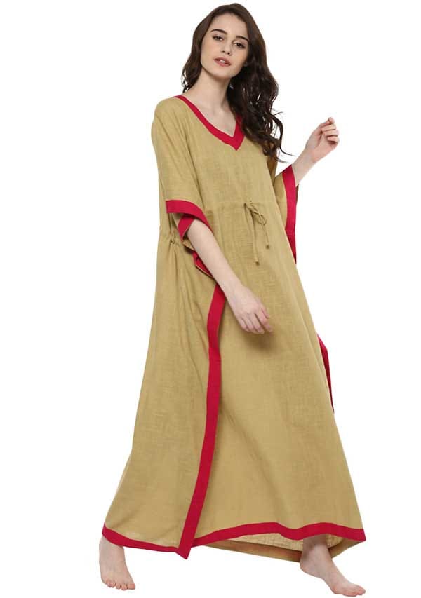 Beige Fuchsia V-Neck Cotton Kaftan - Kurtis, Tunics | Buy online on ZillyBuy