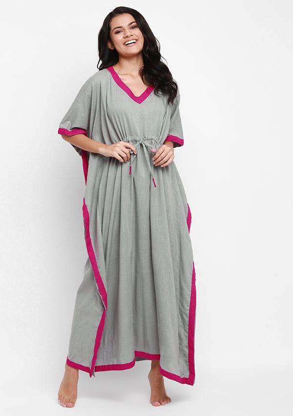 Grey Fuchsia V-Neck Cotton Kaftan - Kurtis, Tunics | Buy online on ZillyBuy