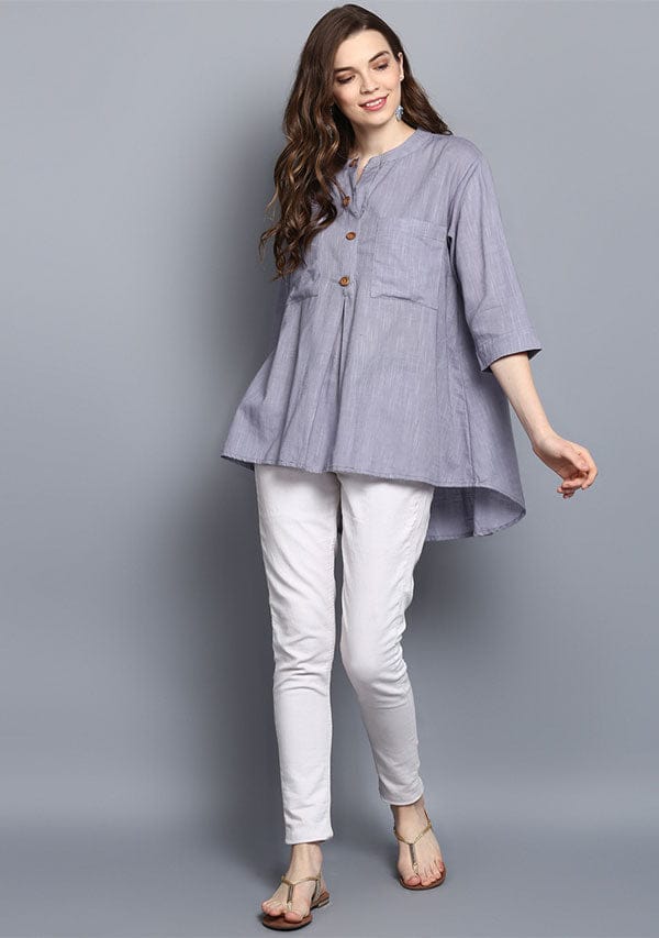 Ash Grey Short Cotton Tunic With Pleats ( Only Top ) - Kurtis, Tunics | Buy online on ZillyBuy