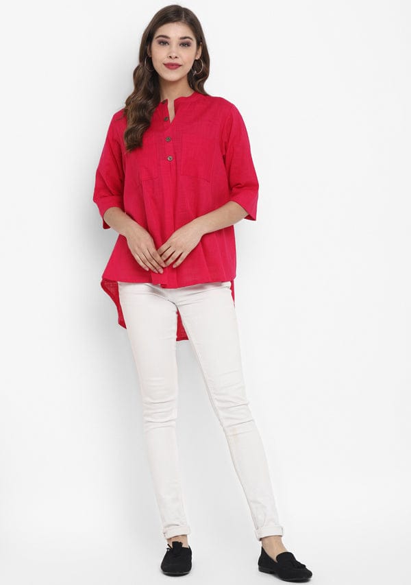 Fuchsia Short Cotton Tunic With Pleats ( Only Top ) - Kurtis, Tunics | Buy online on ZillyBuy