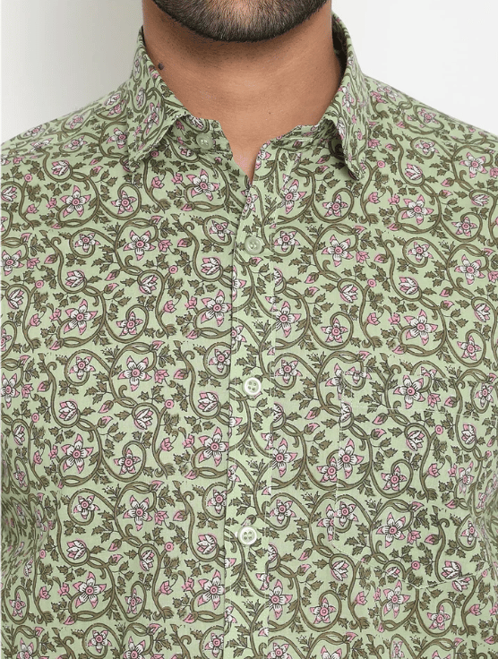Light green Cotton Handblocked Printed Shirt