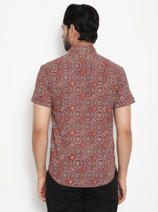 Red Cotton Short Sleeve Handblocked Printed Shirt