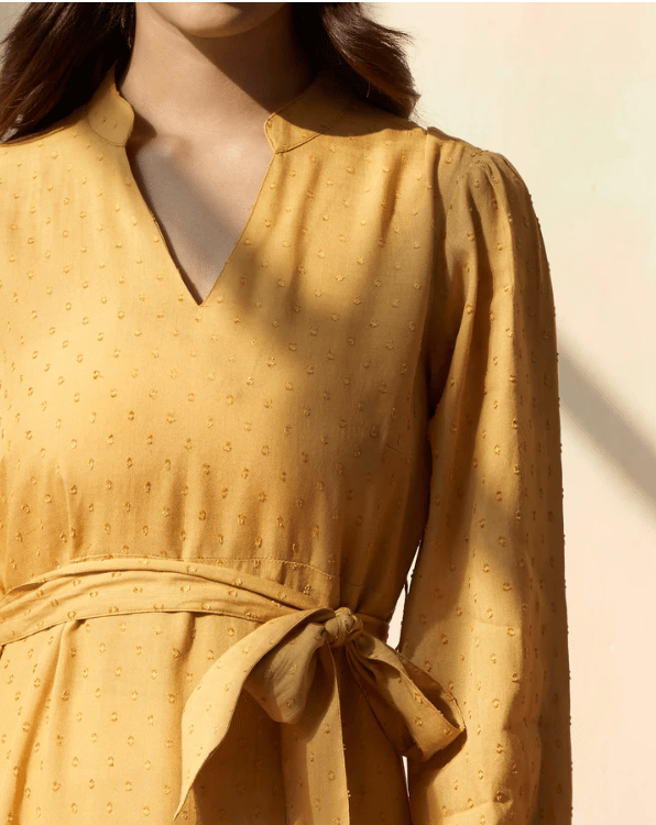 Solid Viscose Dobby Self Structure Dress With Belt