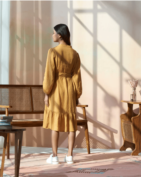 Solid Viscose Dobby Self Structure Dress With Belt