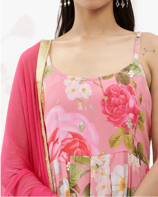 Floral Printed Emb Kurta Dupatta Set