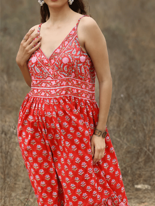 Red Kalamkari Printed Dress