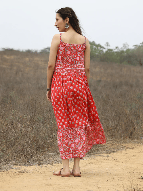 Red Kalamkari Printed Dress