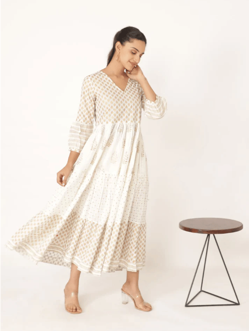 White Cotton v Neck Handblocked Printed Dress