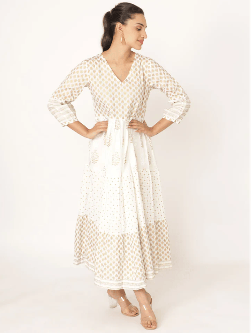 White Cotton v Neck Handblocked Printed Dress