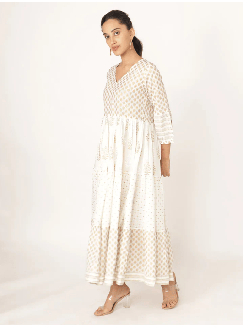 White Cotton v Neck Handblocked Printed Dress