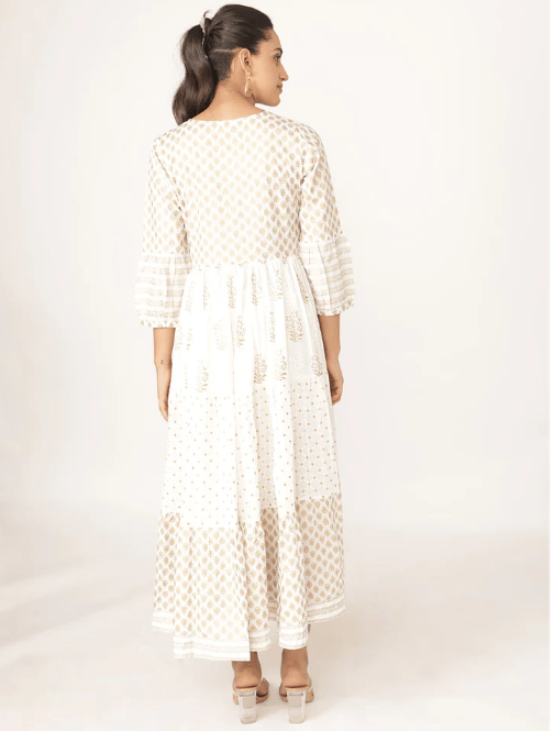 White Cotton v Neck Handblocked Printed Dress