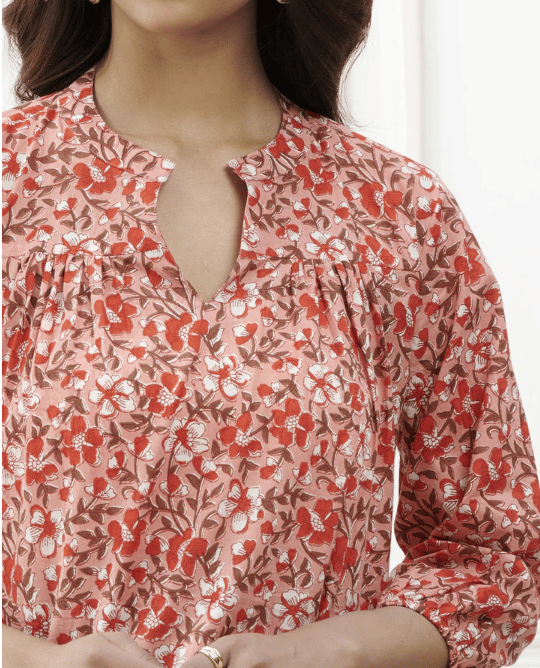 Handblocked Casual Printed Top With Elasticated Sleeve