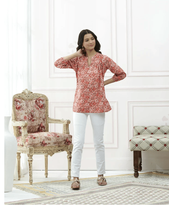 Handblocked Casual Printed Top With Elasticated Sleeve