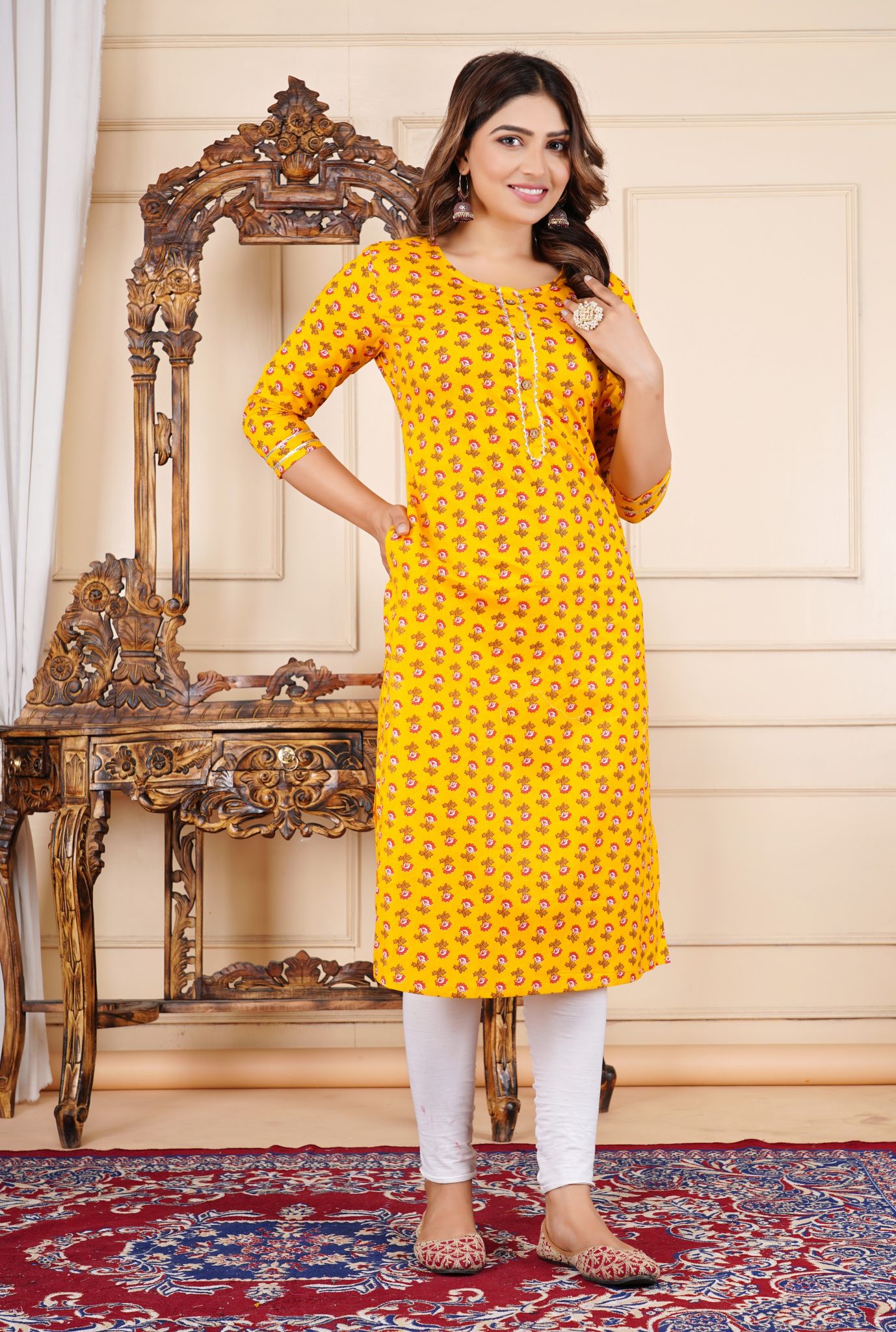 Womanica Women Cotton Yellow Printed Straight Kurti with One Side Pocket