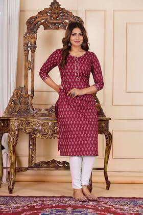 Womanica Women Cotton Maroon Printed Straight Kurti with One Side Pocket