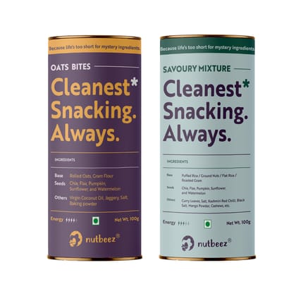 Assosrted Pack of2 nutbeez snacks Assorted Pack Include 1.Oats Bites (100 * 1) 2.nutneez Savoury Mixture(1no-50 gm Each)| Power of 5 seeds| Goodness of Jowar/Besan| Digestive Spices| Baked/Roasted|