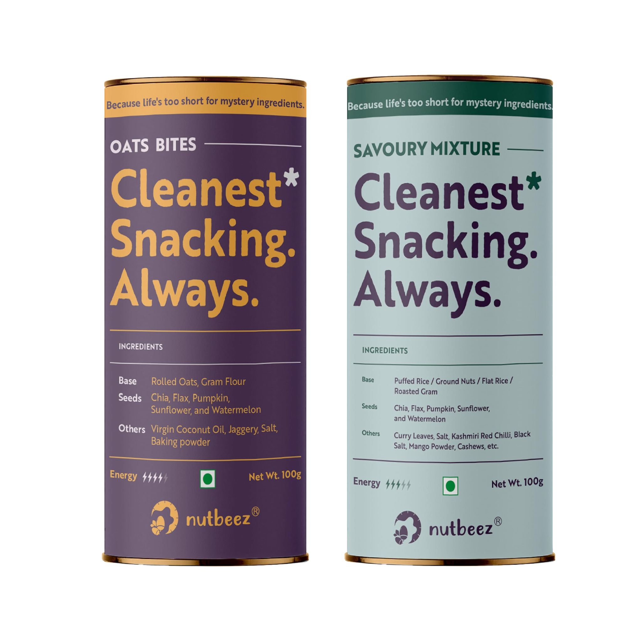 Assosrted Pack of2 nutbeez snacks Assorted Pack Include 1.Oats Bites (100 * 1) 2.nutneez Savoury Mixture(1no-50 gm Each)| Power of 5 seeds| Goodness of Jowar/Besan| Digestive Spices| Baked/Roasted|