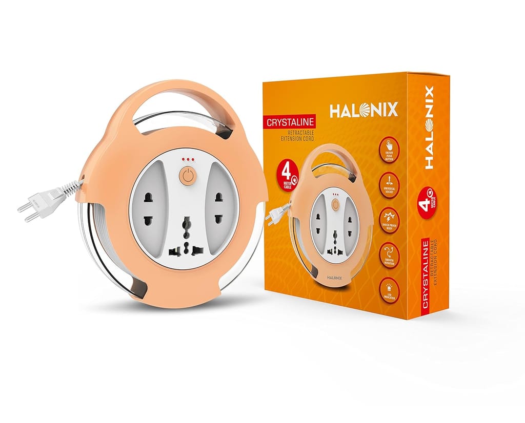 Crystaline Retractable Extension Cord with Universal Socket, Shock Proof Body,Led Indicator, 4 Meter Cord (Orange)
