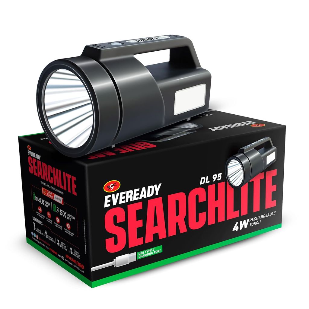 Searchlite Dl95 |Led Torch Cum Emergency Sidelight |4W Torch & 4W Emergency Sidelight | 4 Lighting Modes | 40000 Lux Output | India's Fast Charging Torch | Powered by Li-Ion Battery | Black